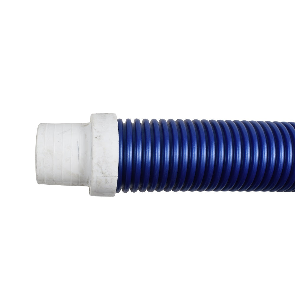Blue spiral-wound pool cleaner hose with white plastic threaded connector fitting, 800mm flexible ribbed design for Kreepy Krauly Dominator Rebel