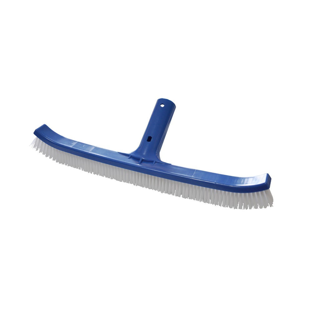 Pool brush with curved blue plastic body, white nylon bristles, and centre-mount pole connector, 460mm wide