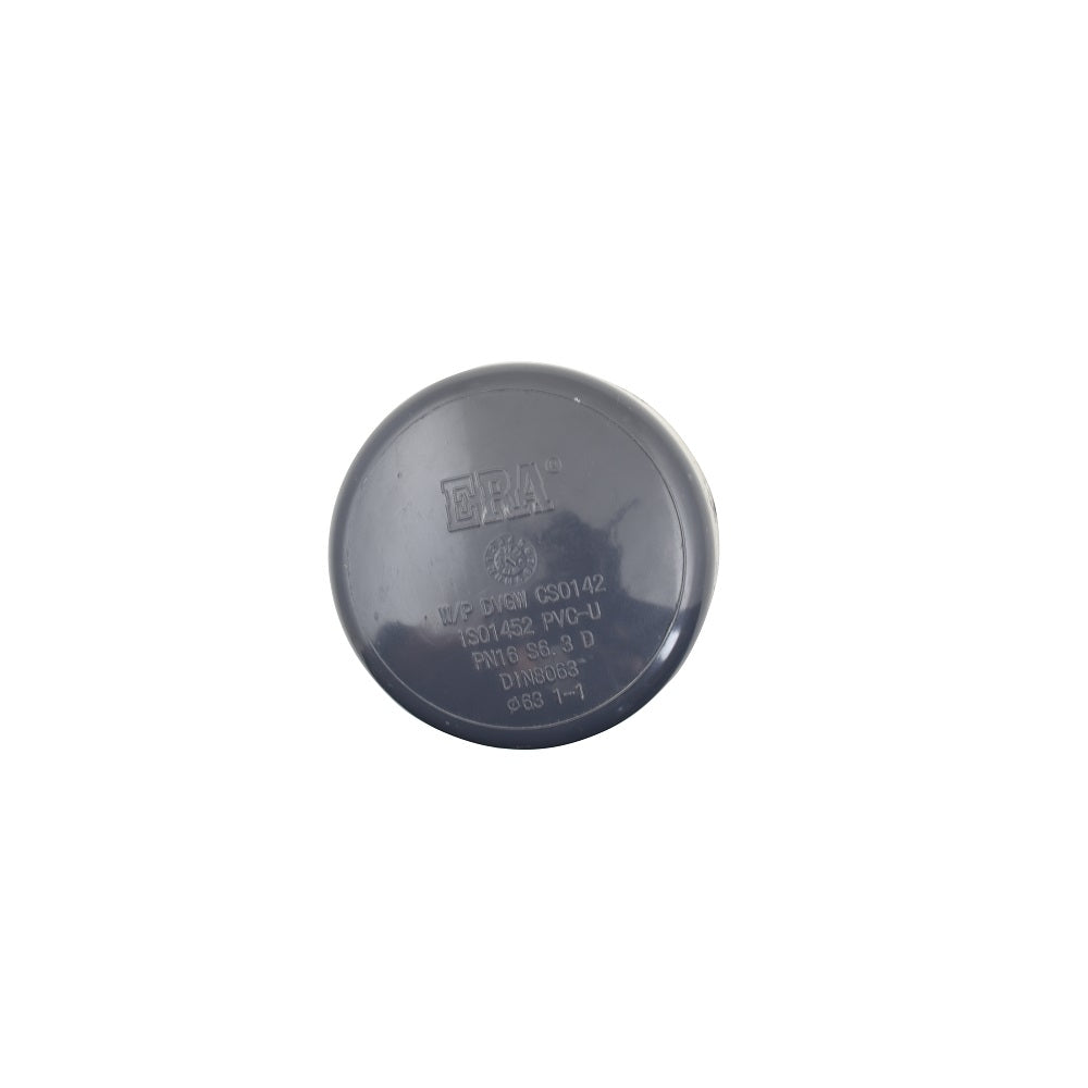 Grey PVC-U 63mm pipe end cap fitting with ERA branding and DIN8063 PN16 markings, smooth domed surface