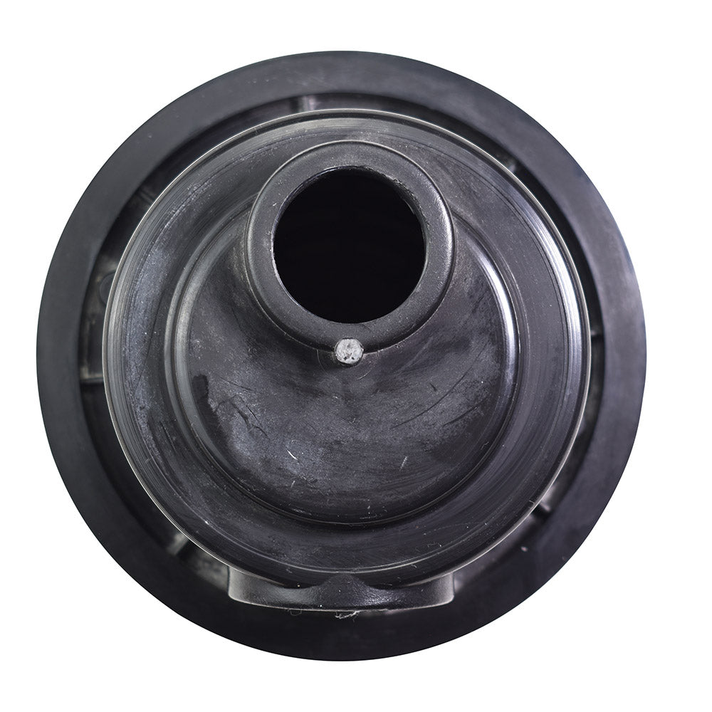 Black rubber bottom drain with central circular opening, raised cone-shaped collar, metal pin detail, and wide flat flange rim, viewed from above