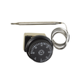 Capillary thermostat 0–60°C with black dial, metal sensing probe and coiled stainless steel capillary tube, beige housing body