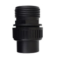 Black plastic Speck 50mm Union fitting with male threaded top, knurled collar, and smooth spigot end, on white background