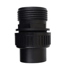 Black plastic Speck 50mm Union fitting with male threaded top, knurled collar, and smooth spigot end, on white background