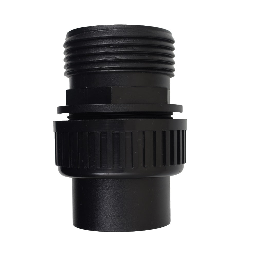 Black plastic Speck 50mm Union fitting with male threaded top, knurled collar, and smooth spigot end, on white background