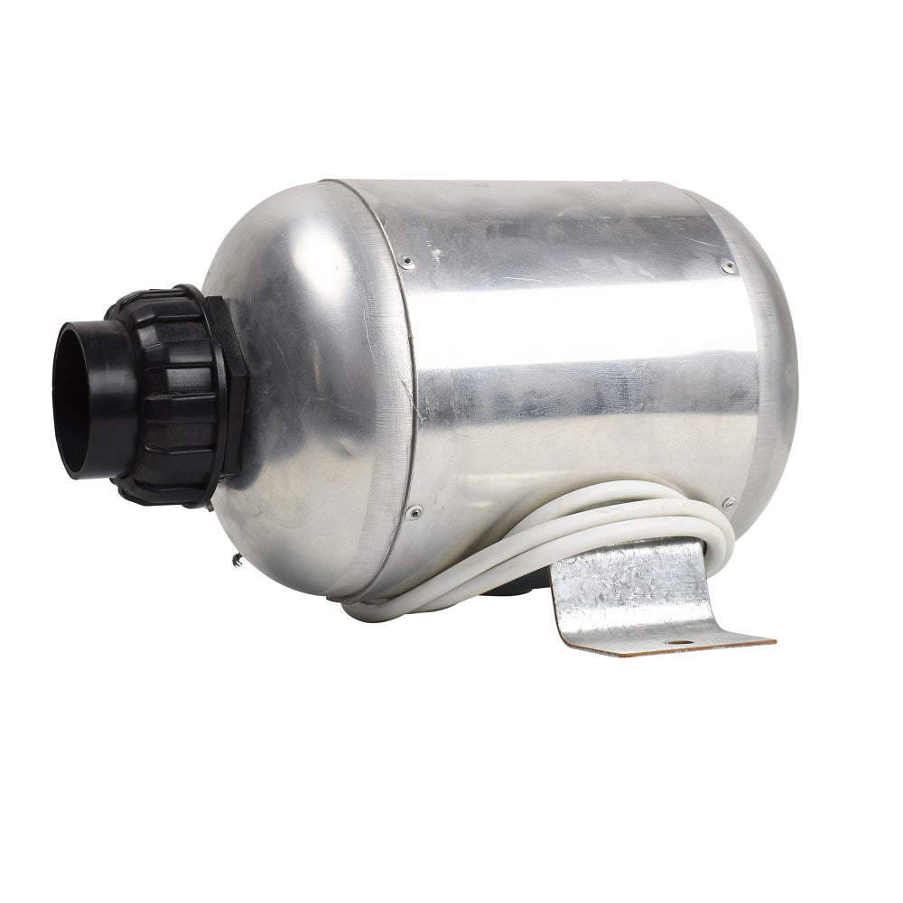 Aluminium spa air blower 1000W with black threaded inlet, white cable wrap, and galvanised mounting bracket bracket on white background