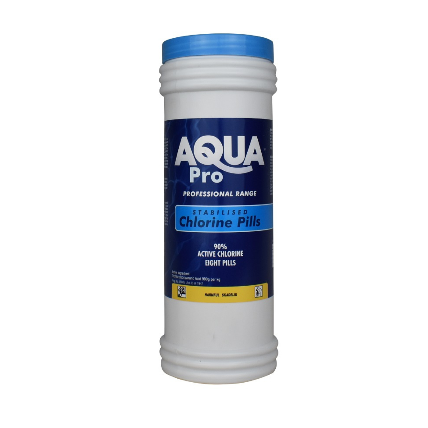 Aqua Pro stabilised chlorine pills white plastic tub with blue lid and navy label, 90% active chlorine, eight pills