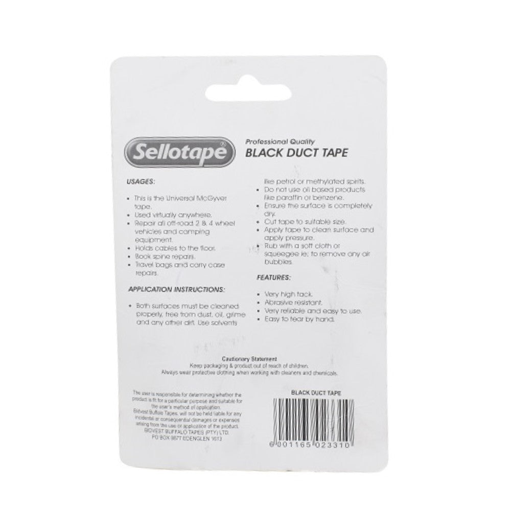 Back of Sellotape Professional Quality Black Duct Tape 5m blister card showing usage instructions, features, and barcode