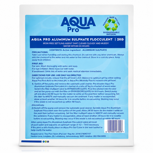 Aqua Pro Aluminium Sulphate Flocculant 2kg in a light blue biodegradable bag with directions and precautions label
