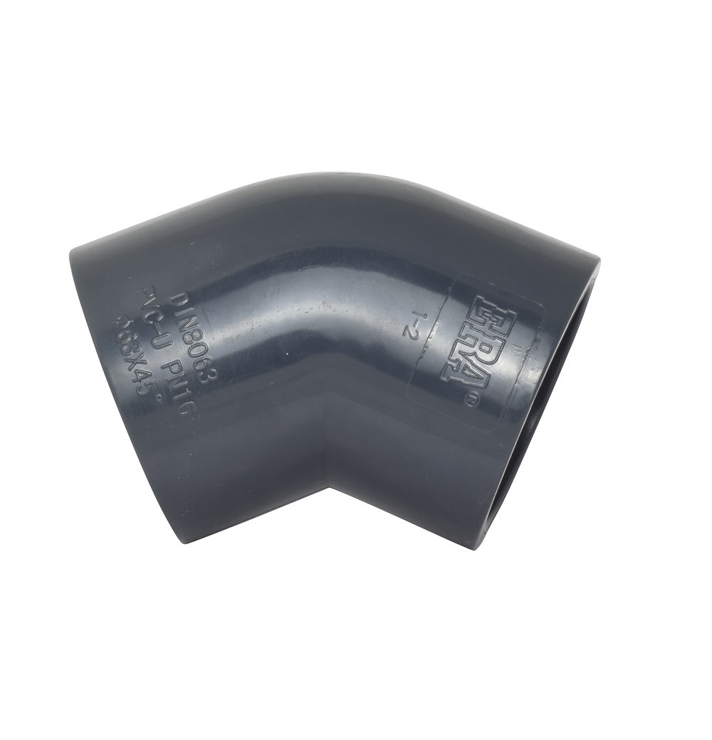 Grey PVC 45-degree elbow pipe fitting 63mm with embossed ERA branding and DIN8063 markings on smooth curved body