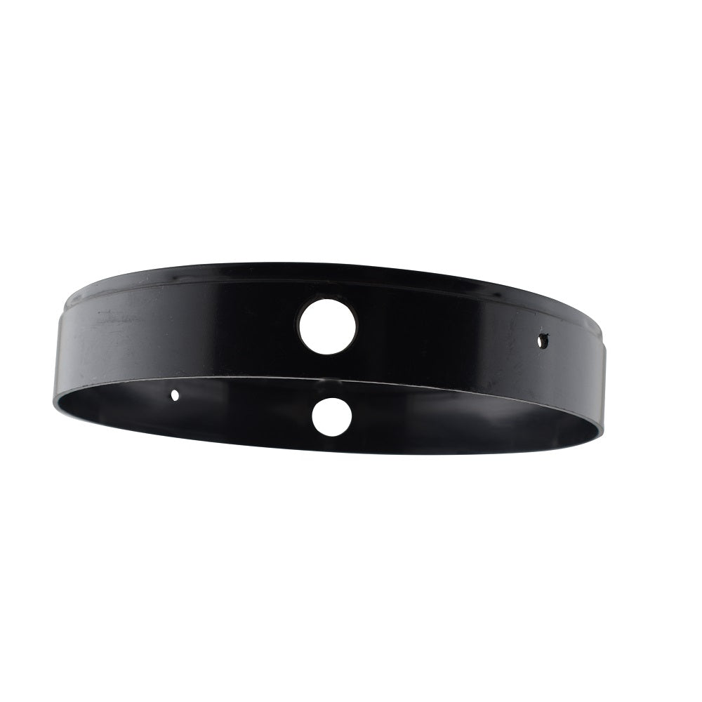 Black gloss metal swivel ring with two circular cut-outs and small mounting holes for aqua light fixture
