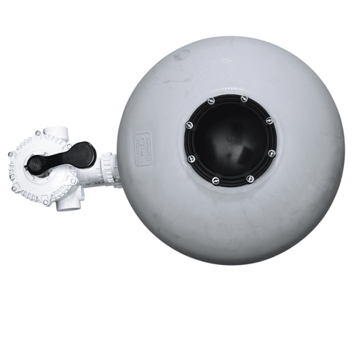 Grey spherical pool sand filter tank with black bolted lid and white multiport valve with black handle