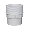 White PVC pipe adapter fitting with male threaded top end and smooth spigot base, 50mm diameter