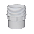 White PVC pipe adapter fitting with male threaded top end and smooth spigot base, 50mm diameter