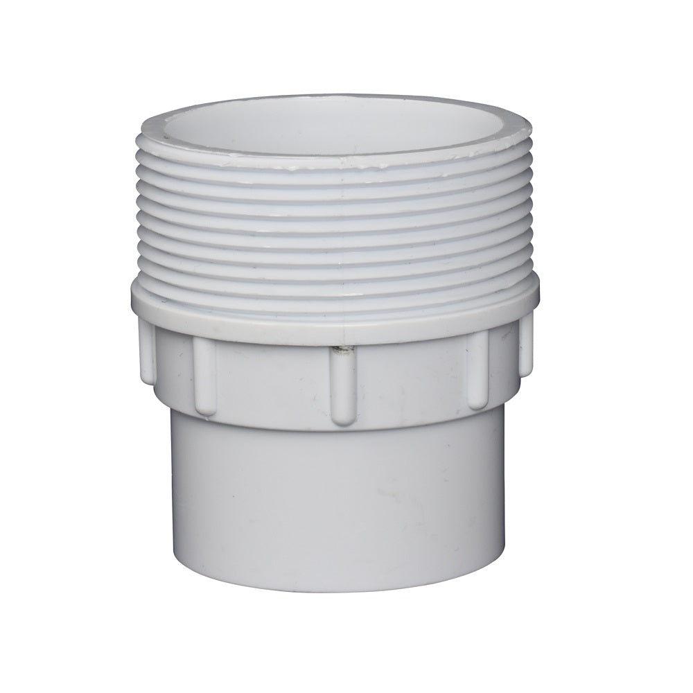 White PVC pipe adapter fitting with male threaded top end and smooth spigot base, 50mm diameter