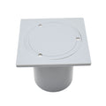 Grey plastic in-ground electrical deck box with square top plate, circular recessed lid, four screws, and cylindrical conduit base
