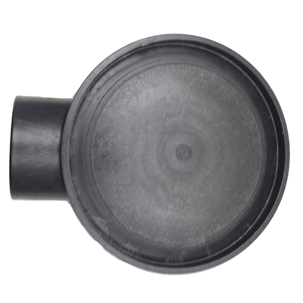 Black plastic koi pond bottom drain with circular flat top and 110mm side outlet pipe connection