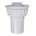 White plastic pool skimmer union adaptor with ribbed collar, cylindrical base, and central inlet fitting for pipe connection