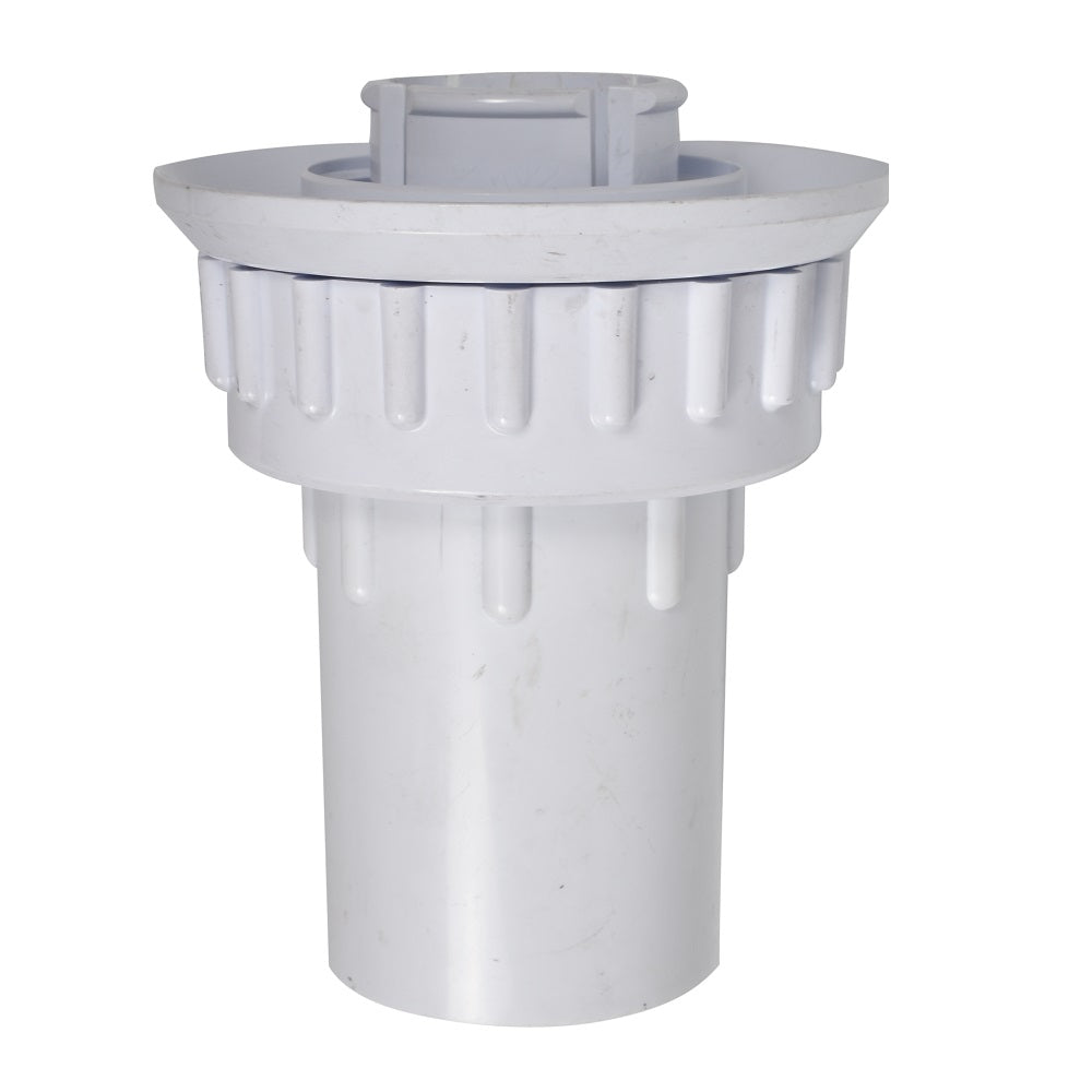 White plastic pool skimmer union adaptor with ribbed collar, cylindrical base, and central inlet fitting for pipe connection