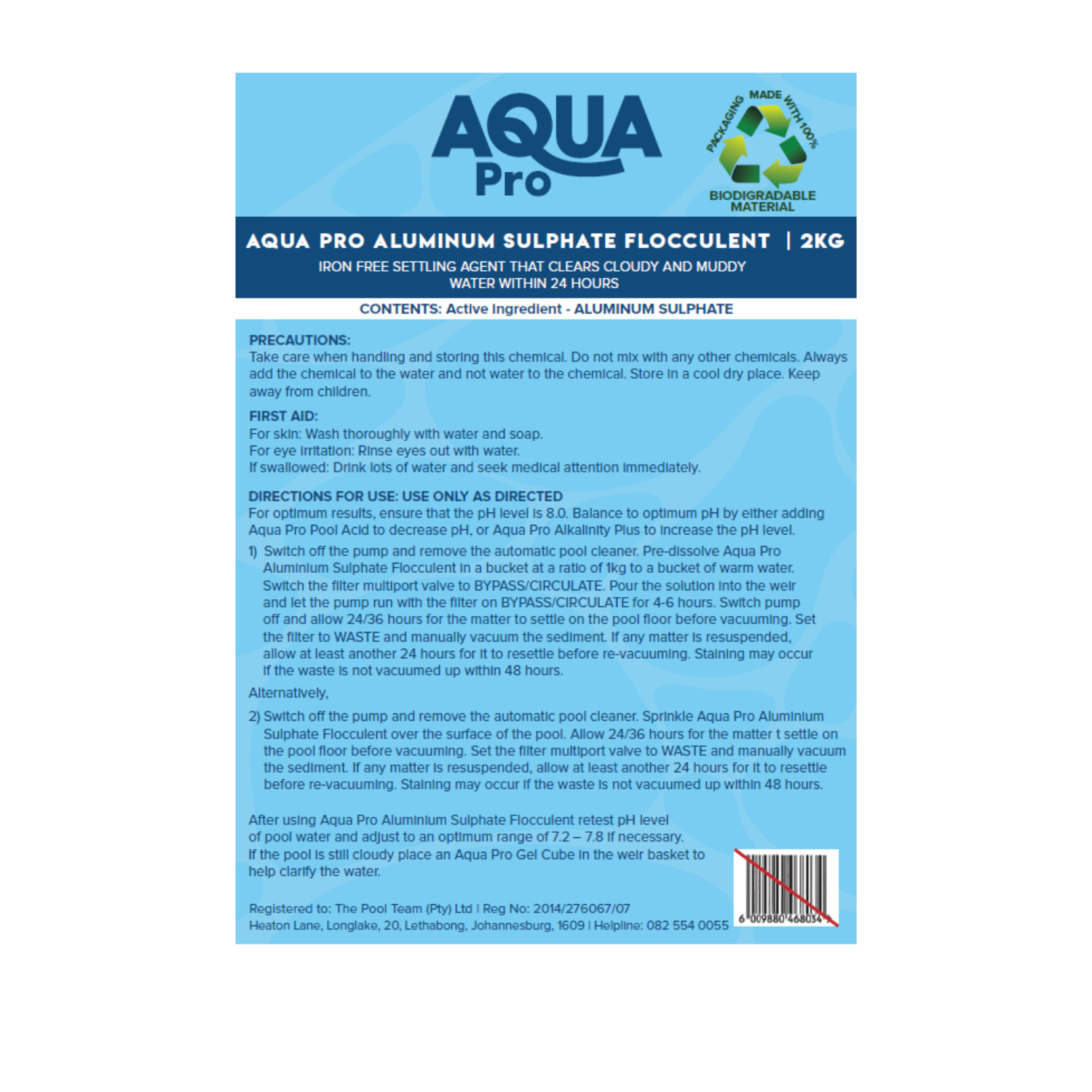 Aqua Pro Aluminium Sulphate Flocculant 2kg light blue product label with usage directions and biodegradable badge