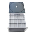 Aqua Pro grey plastic weir box with grid tray insert and dark square lid showing circular embossed logo and central hole