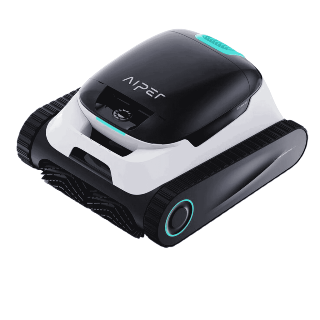 Aiper Scuba N1 Robotic Pool Cleaner in black and white with teal accents, track-drive wheels and front brush roller visible
