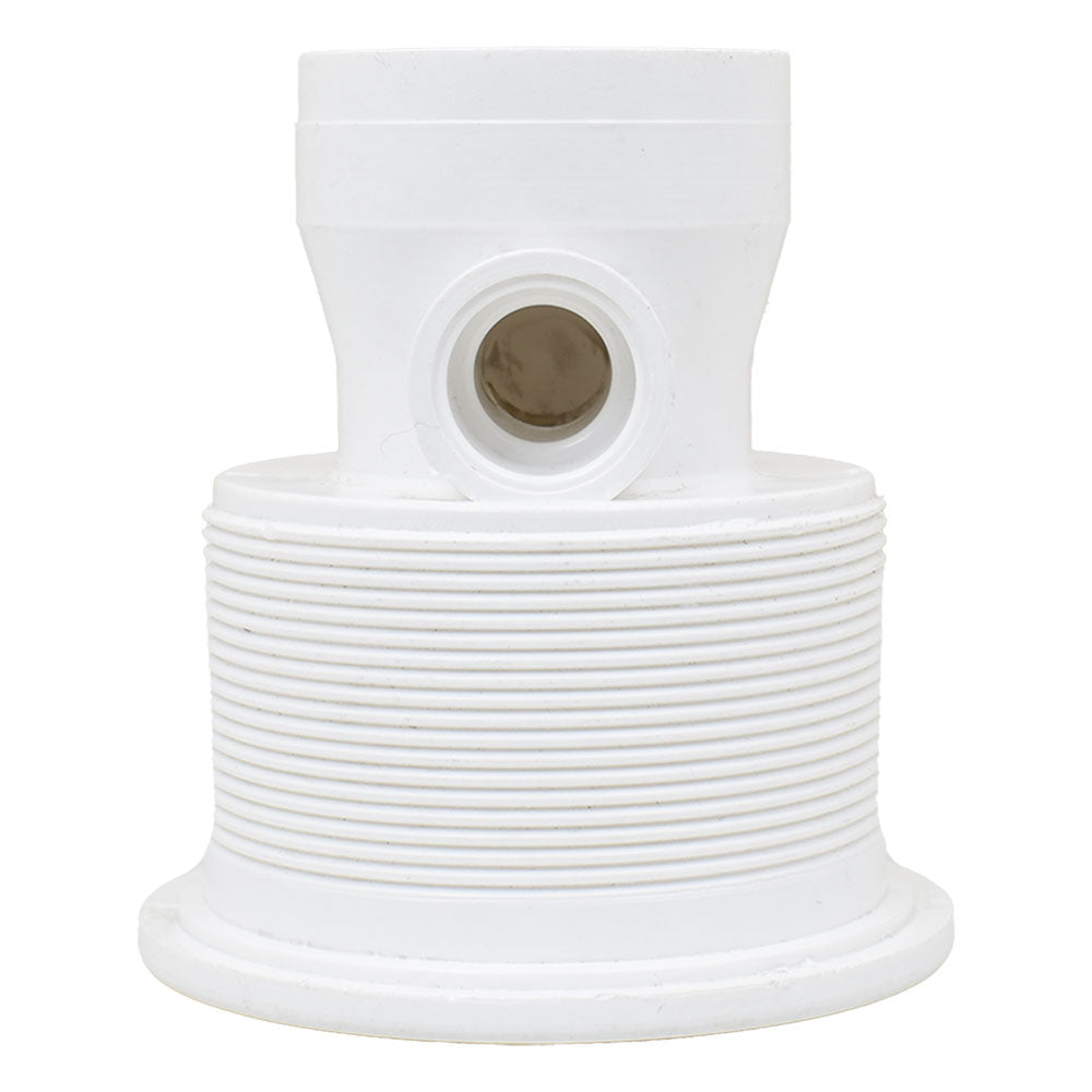 White PVC gunite spa jet body with threaded base, side port opening and tapered inlet neck