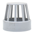 Grey plastic vent cowl with domed slatted cage top and wide circular collar base for pipe fitting