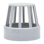 Grey plastic vent cowl with domed slatted cage top and wide circular collar base for pipe fitting