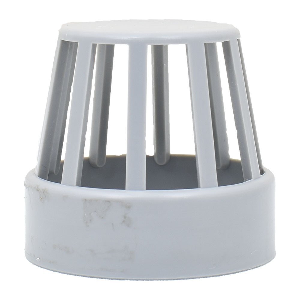 Grey plastic vent cowl with domed slatted cage top and wide circular collar base for pipe fitting