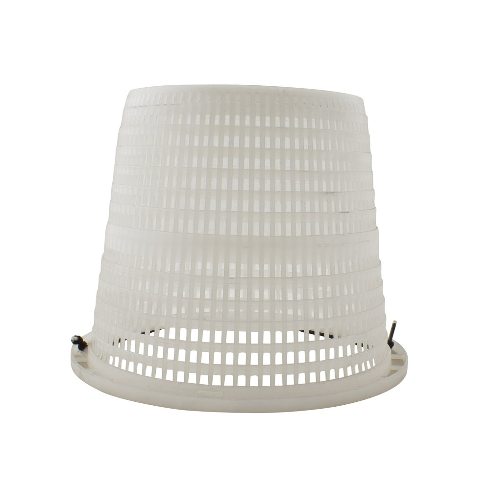 White plastic pool skimmer weir basket with tapered cylindrical body, rectangular mesh slots and flanged base with mounting pins