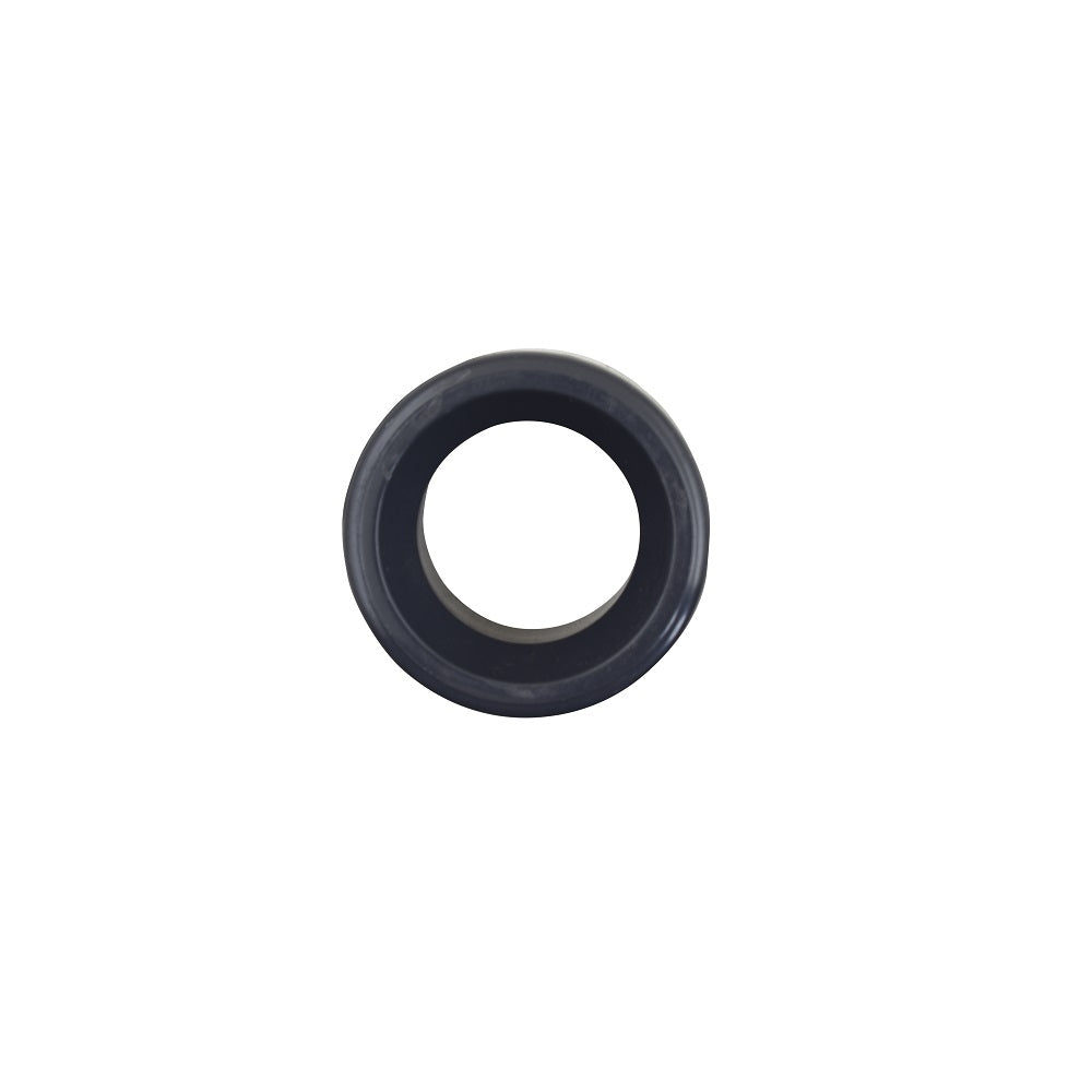 Black PVC reducer ring 50mm to 32mm circular pipe fitting with smooth rubber-edged bore viewed from front