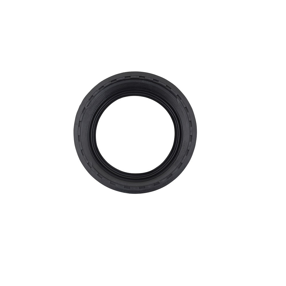 Black rubber filter lid seal ring with ribbed inner threading, viewed from above, circular hollow-centre design