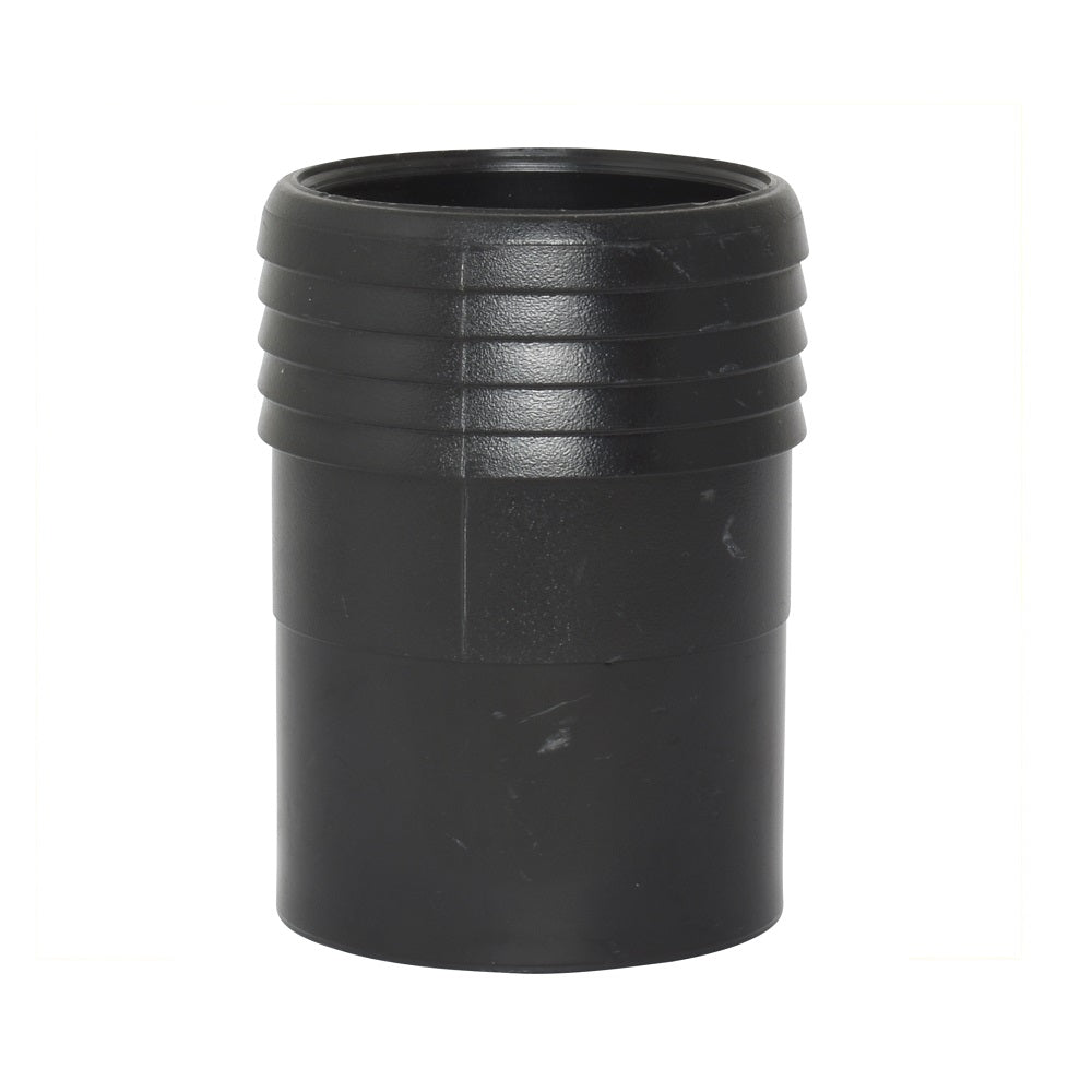 Black plastic poly-to-PVC pipe fitting 50mm with ribbed upper section and smooth cylindrical body, hollow open top end