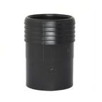 Black plastic poly-to-PVC pipe fitting 50mm with ribbed upper section and smooth cylindrical body, hollow open top end