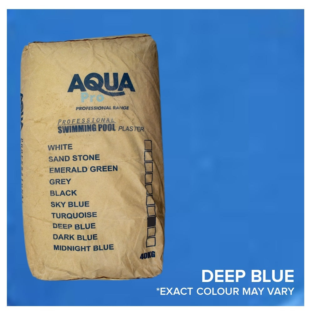Aqua Pro Professional Swimming Pool Plaster Deep Blue 40kg kraft paper sack against blue background