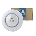Round white Eartheco 160 Plus retrofit LED pool light with clear lens, shown with brown cardboard packaging box