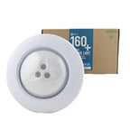 Round white Eartheco 160 Plus retrofit LED pool light with clear lens, shown with brown cardboard packaging box