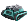Niya Eclipse 35 robotic pool cleaner in teal and dark grey with rubber tracks, carry handle, and vented top panel