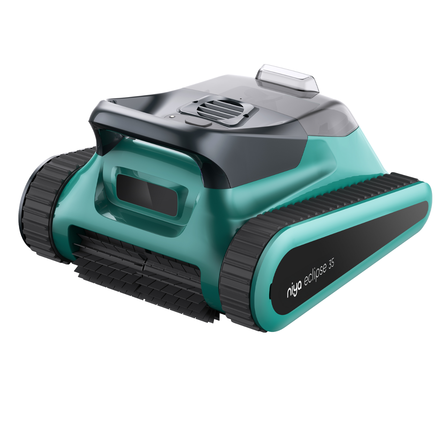 Niya Eclipse 35 robotic pool cleaner in teal and dark grey with rubber tracks, carry handle, and vented top panel