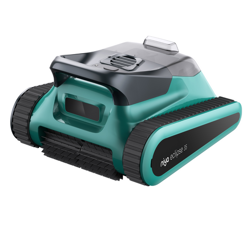 Niya Eclipse 35 robotic pool cleaner in teal and dark grey with rubber tracks, carry handle, and vented top panel
