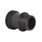 Black plastic male union bush pipe fitting with dual external threaded ends and hollow centre bore, for pool filter connection