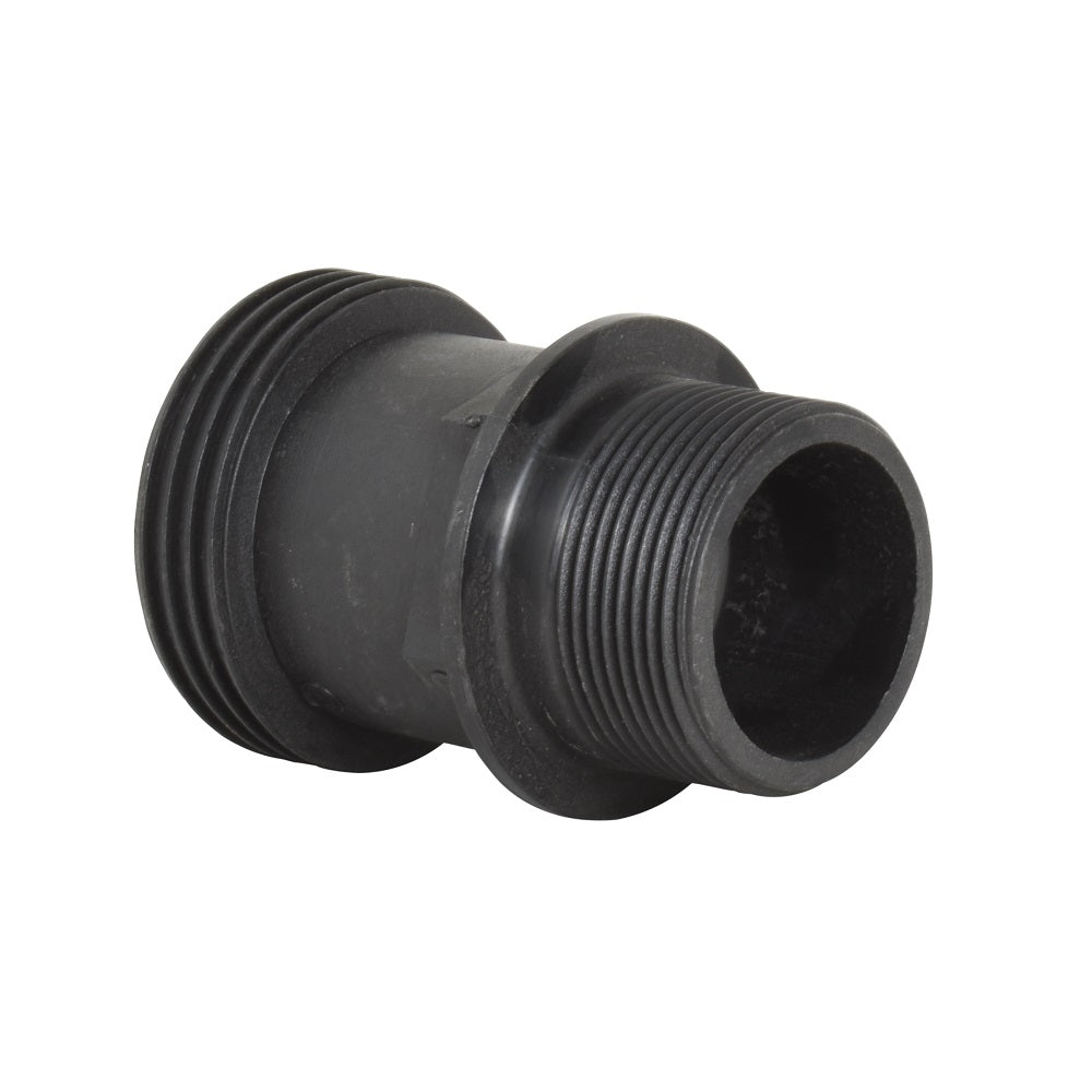 Black plastic male union bush pipe fitting with dual external threaded ends and hollow centre bore, for pool filter connection