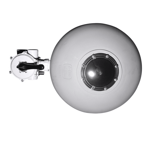 Sand filter grey spherical tank with bolted inspection port and side-mounted multiport valve, top-down view