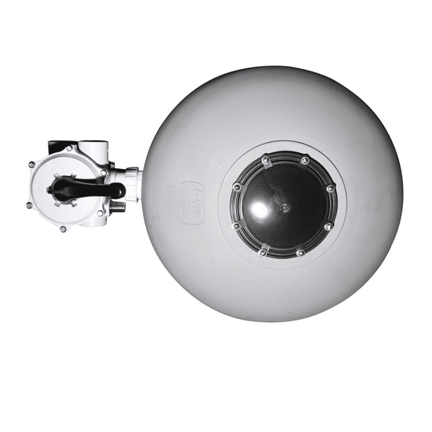 Sand filter white spherical tank with bolted inspection port and side-mounted multiport valve with black handle lever