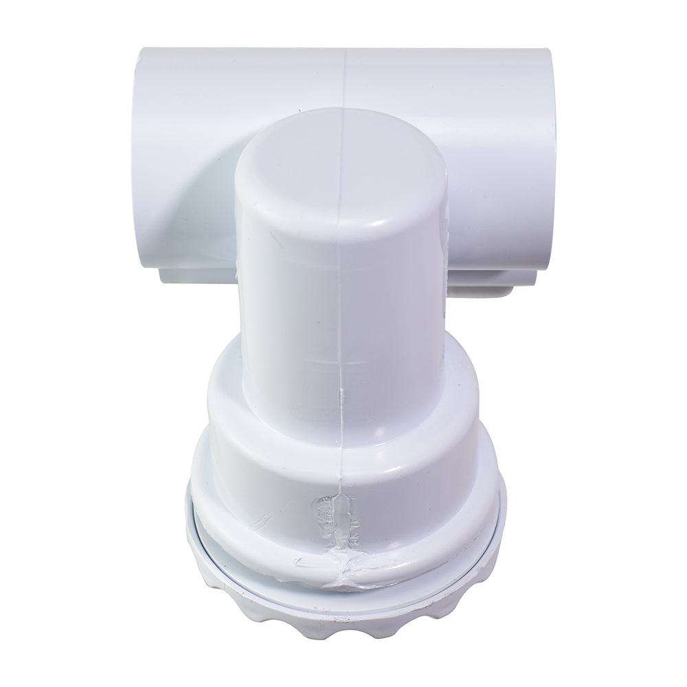 White plastic pool jet fitting with T-shaped pipe connector, domed cap, and scalloped locking collar base, 50mm x 32mm swivel design
