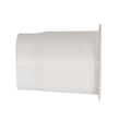 White plastic weir cuff with tapered cylindrical body and flat flange rim, smooth matte finish