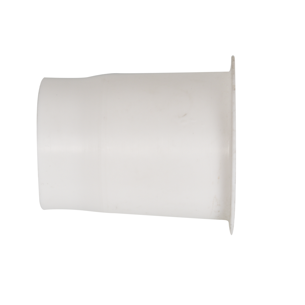 White plastic weir cuff with tapered cylindrical body and flat flange rim, smooth matte finish