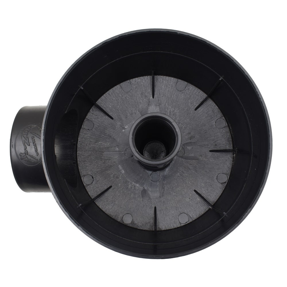 Black plastic koi pond bottom drain 110mm with radial ribbed base, central outlet, and side inlet port viewed from above