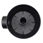 Black plastic koi pond bottom drain 110mm with radial ribbed base, central outlet, and side inlet port viewed from above