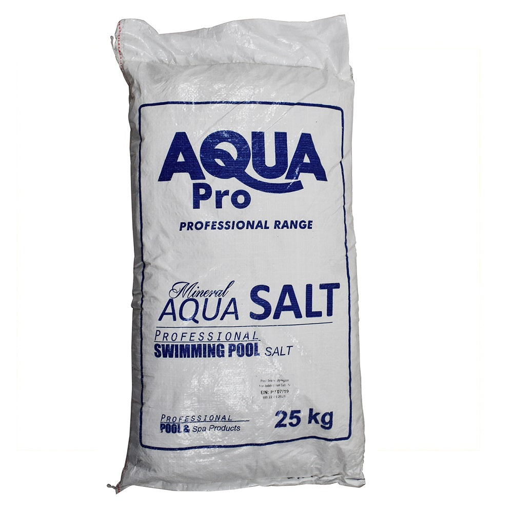 Aqua Pro 25kg mineral swimming pool salt in white woven polypropylene bag with blue branding
